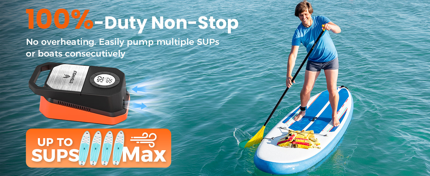 100%-Duty Non-Stop. No overheating. Easily pump multiple SUPs or boats consecutively.