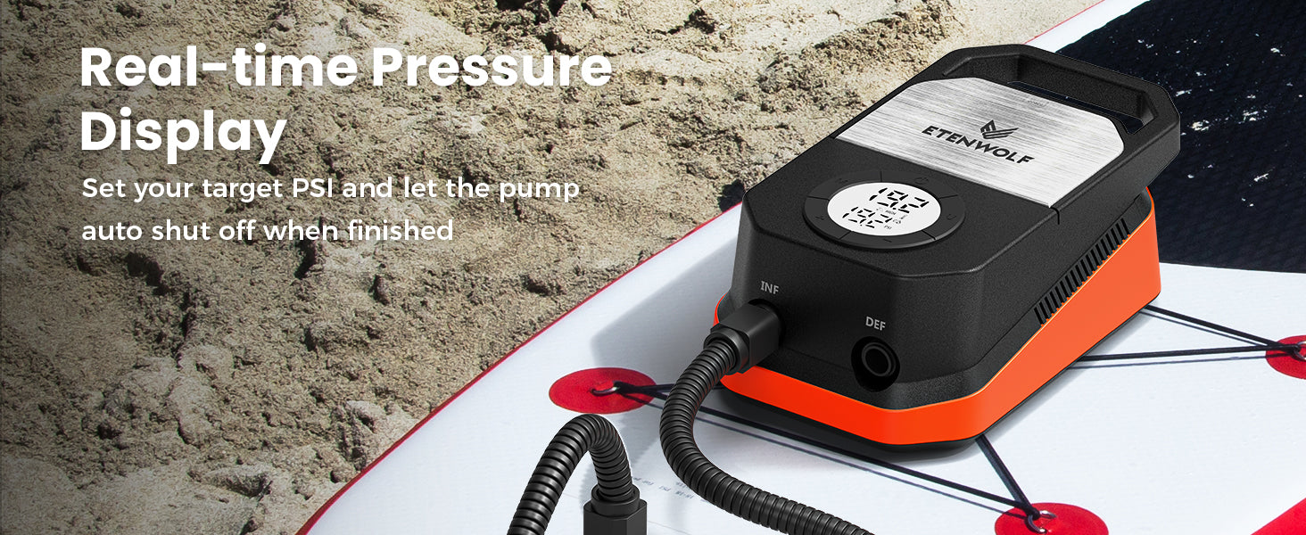 Real-time Pressure Display. Set your target PSI and let the pump auto shut off when finished.