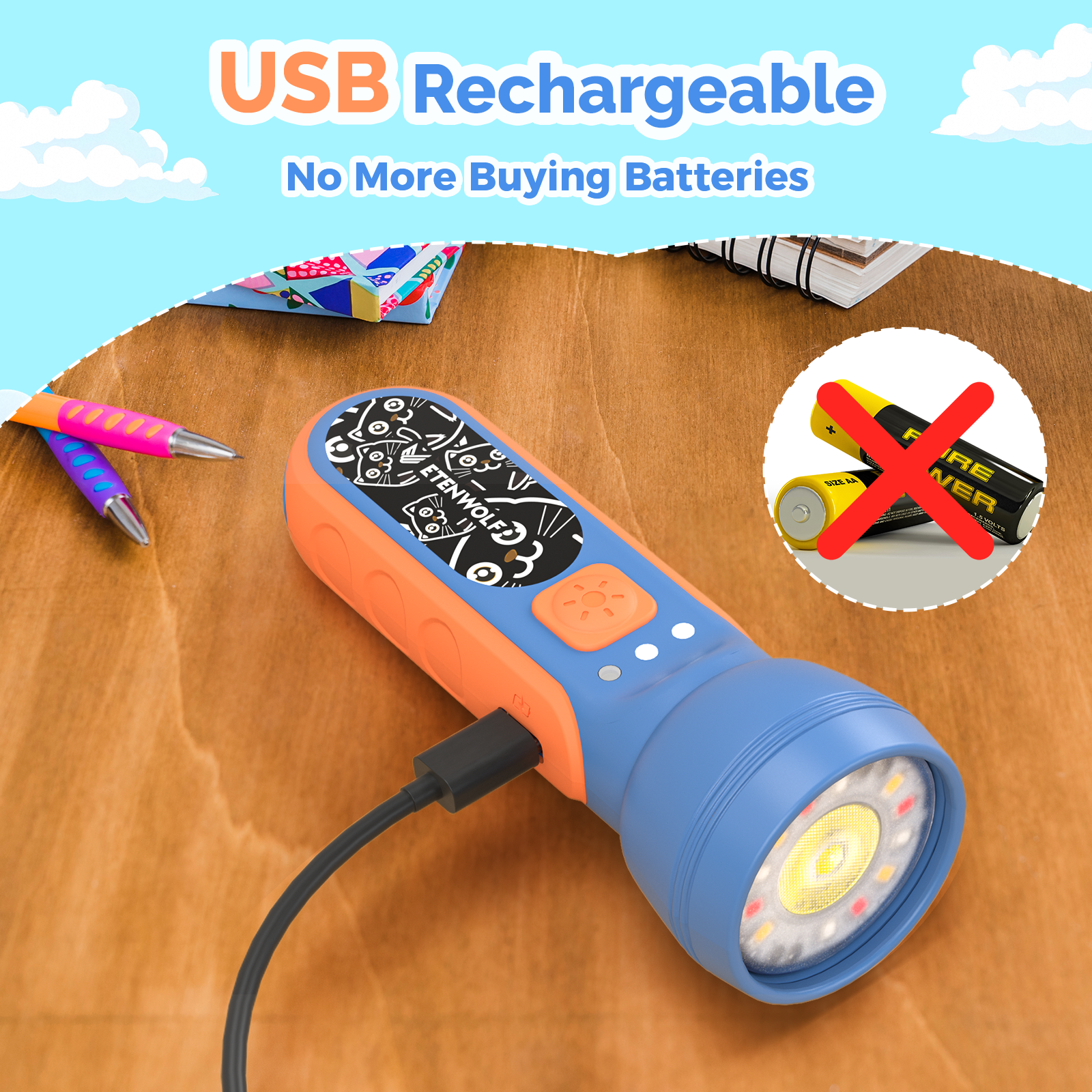 children's rechargeable flashlight ETENWOLF L1 Mini Rechargeable Flashlight (with Fun Stickers), 2 Unit
