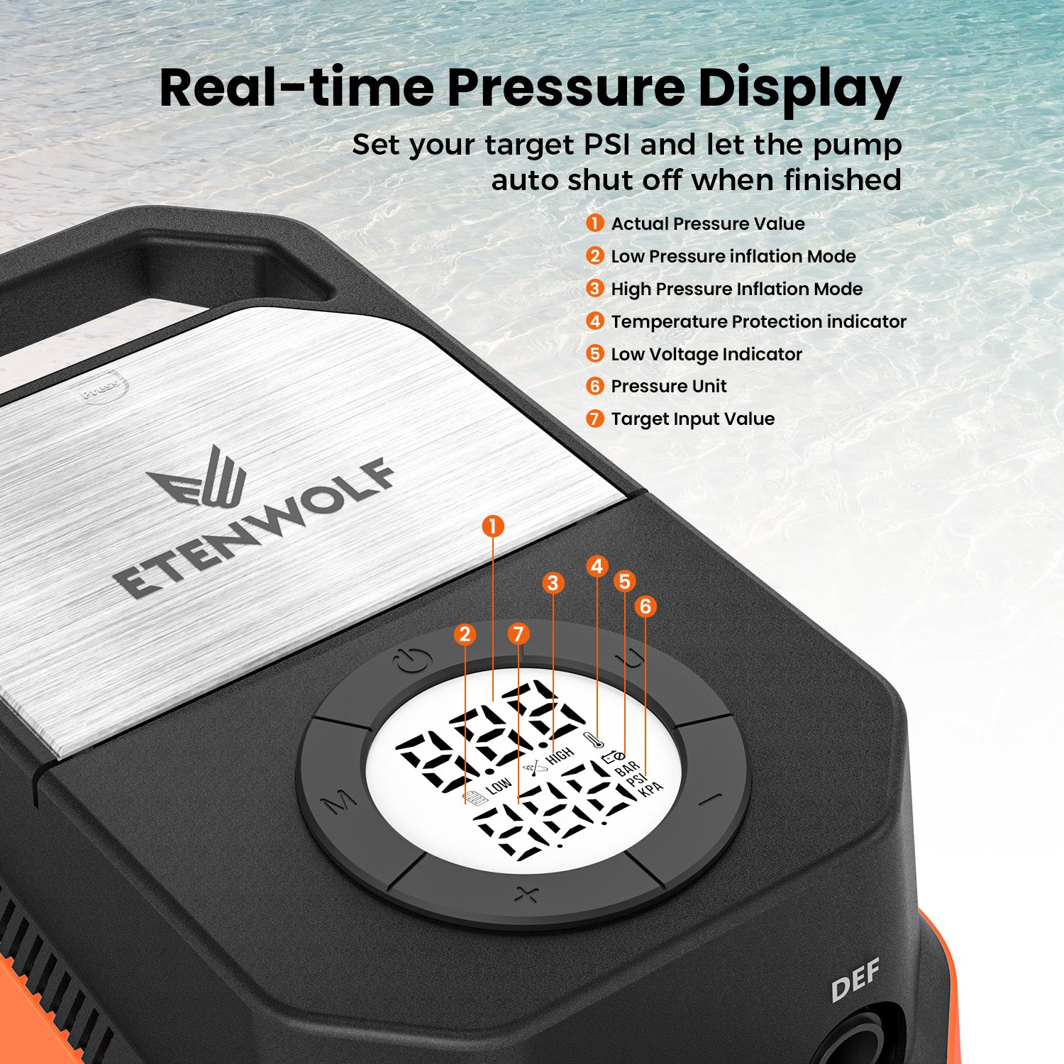 Real-time Pressure Display. Set your target PSI and let the pump auto shut off when finished. Actual Pressure Value, Low Pressure inflation Mode, High Pressure Inflation Mode, Temperature Protection indicator, Low Voltage Indicator, Pressure Unit, Target Input Value.