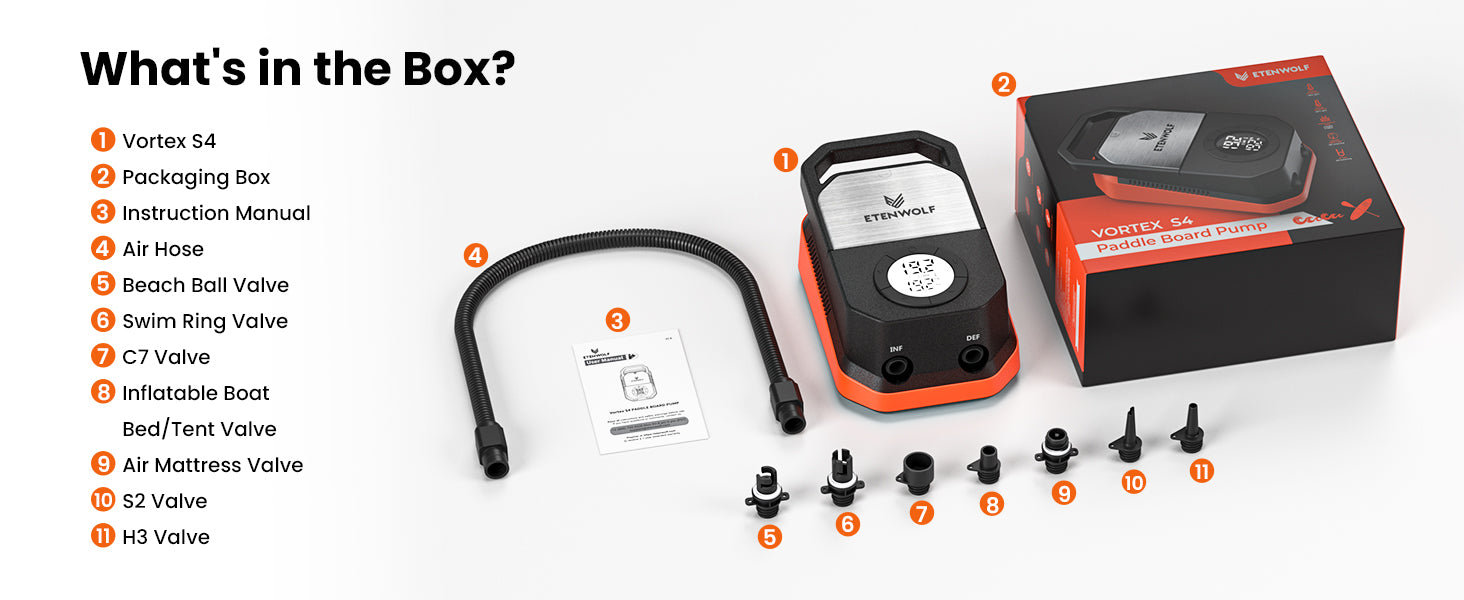 Package Content: Vortex S4, Packaging Box, Instruction Manual, Air Hose, Beach Ball Valve, Swim Ring Valve, C7 Valve, Inflatable Boat Bed/Tent Valve, Air Mattress Valve, S2 Valve, H3 Valve.