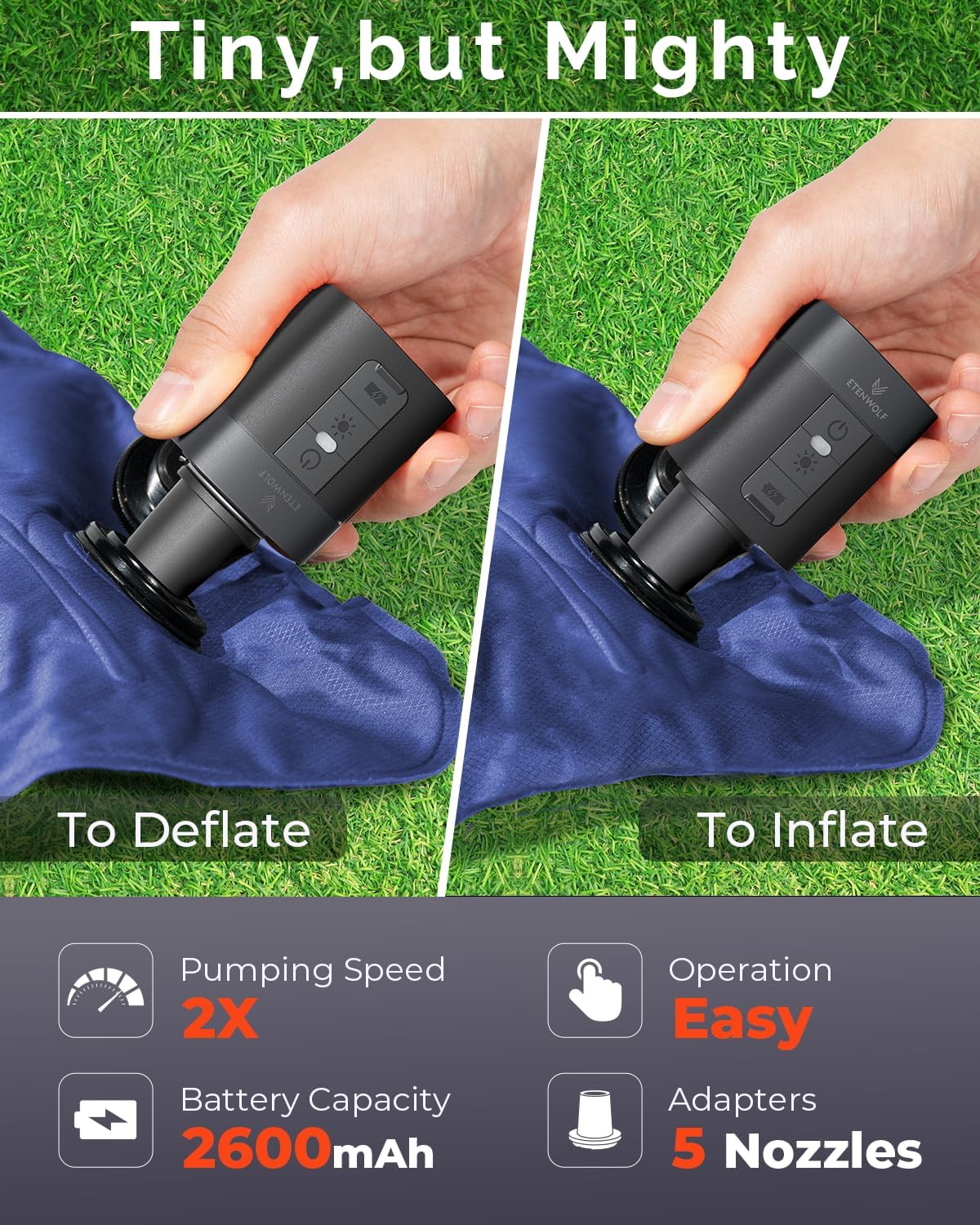 ETENWOLF AIR 3 Air Pump (black) for Inflatables with 2600 mAh Battery & Camping Light, Ultra-Fast and Mini Electric Air Pump, Inflate Deflate for Air Mattress, Pool Floats, Vacuum Storage Bags