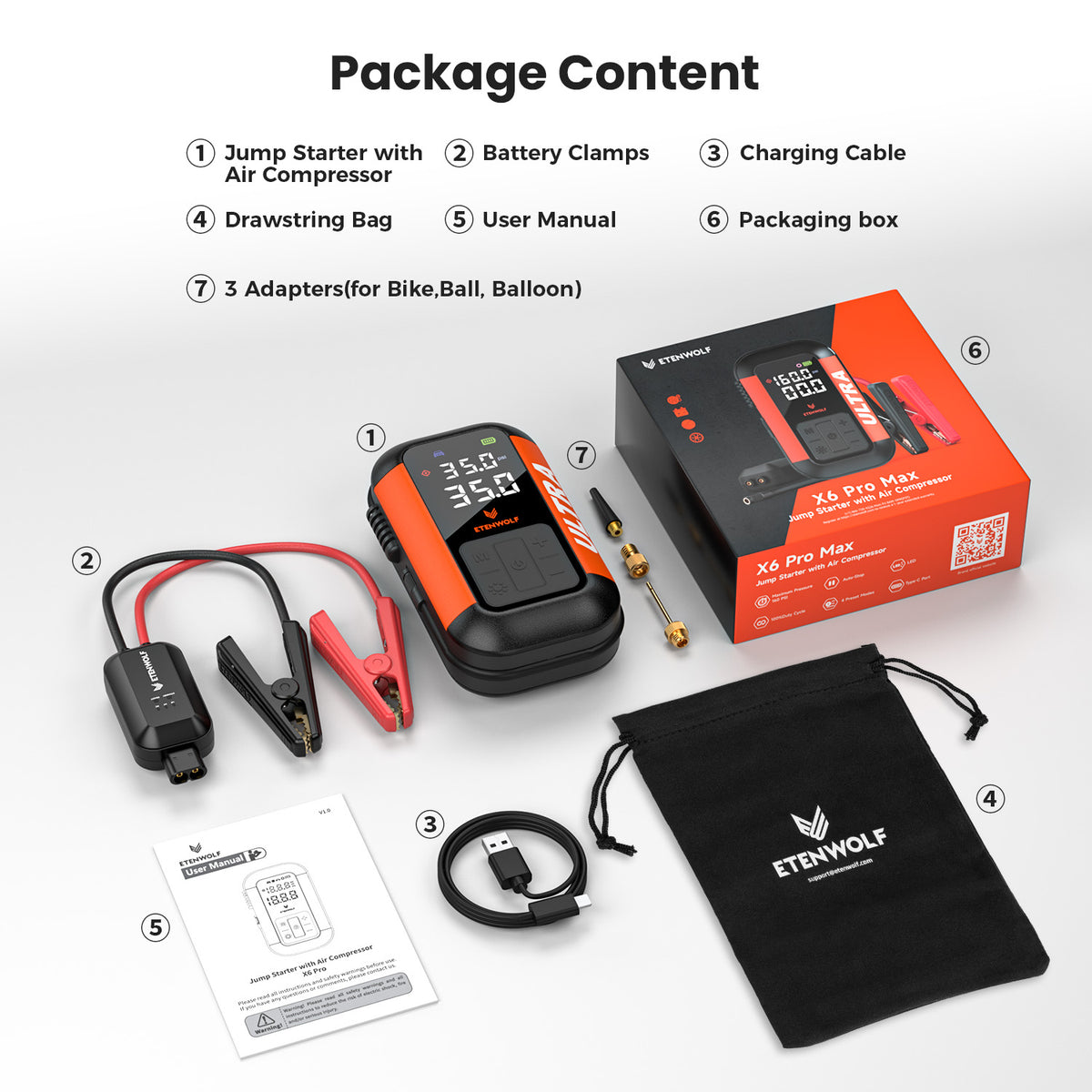 ETENWOLF X6 PRO MAX Jump Starter with Air Compressor (3000A)