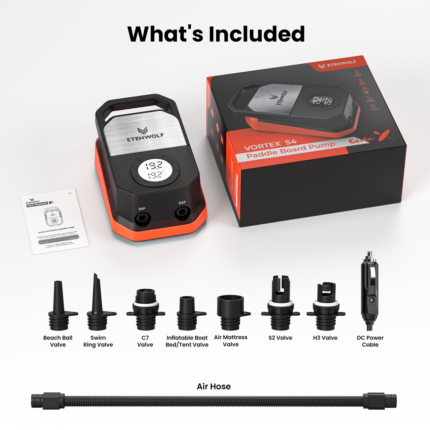 Package Content: Vortex S4, Packaging Box, Instruction Manual, Air Hose, Beach Ball Valve, Swim Ring Valve, C7 Valve, Inflatable Boat Bed/Tent Valve, Air Mattress Valve, S2 Valve, H3 Valve.