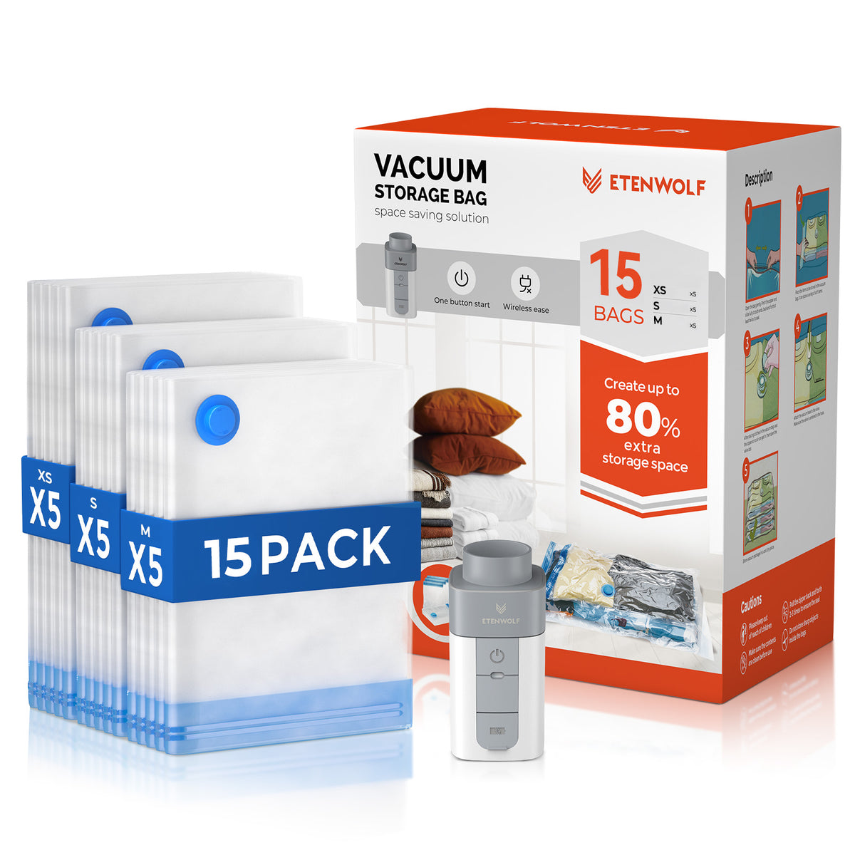 ETENWOLF Vacuum Storage Bags (15 Travel Size+ Wireless Air Pump)