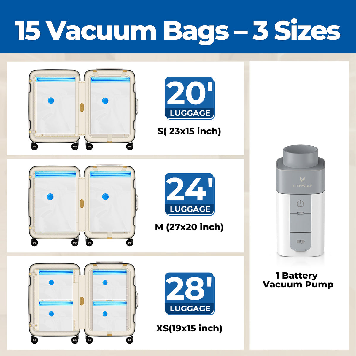 15 Vacuum Bags - 3 Sizes (23x15 inch, 27x20 inch, 19x15 inch) with 1 Battery Vacuum Pump
