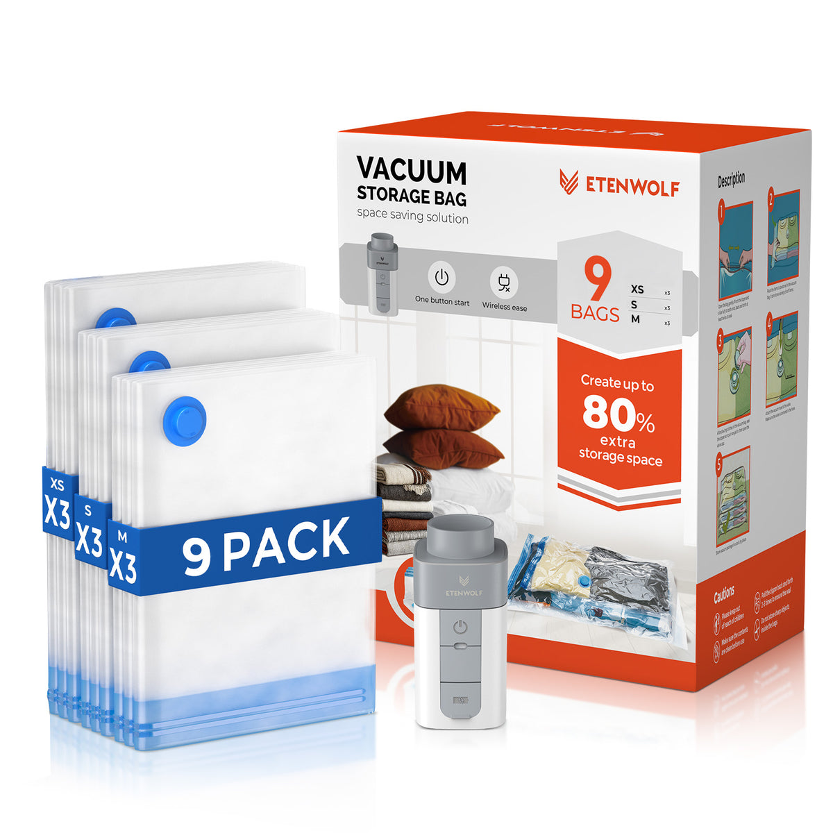 ETENWOLF Vacuum Storage Bags (9 Travel Size+ Wireless Air Pump)
