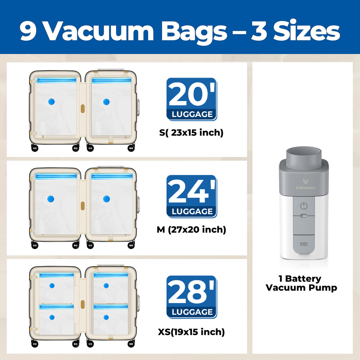 9 Vacuum Bags - 3 Sizes (23x15 inch, 27x20 inch, 19x15 inch) with 1 Battery Vacuum Pump