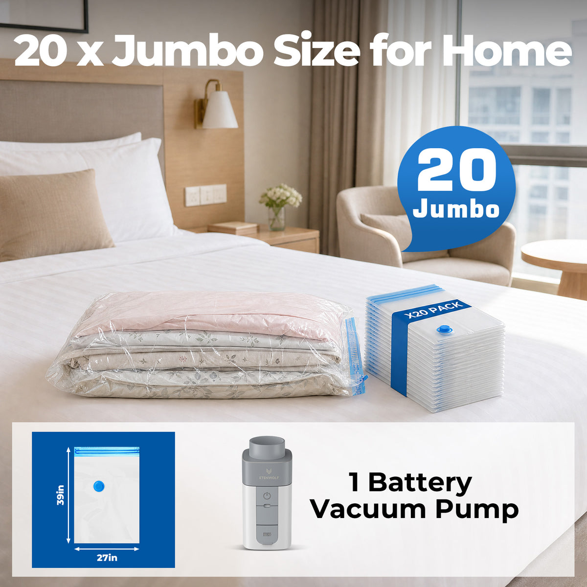 20 x Jumbo Size for Home (39in x 27in) with 1 Battery Vacuum Pump