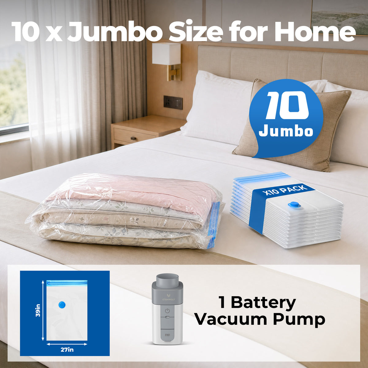 10 x Jumbo Size for Home (39in x 27in) with 1 Battery Vacuum Pump