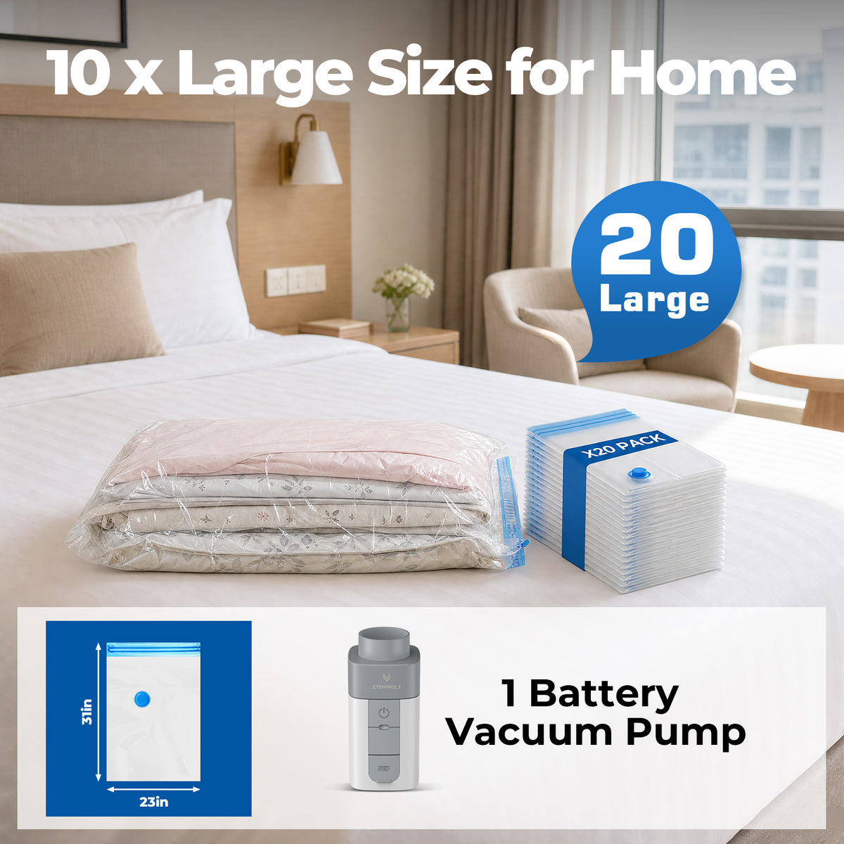 20 x Large Size for Home (31in x 23in) with 1 Battery Vacuum Pump