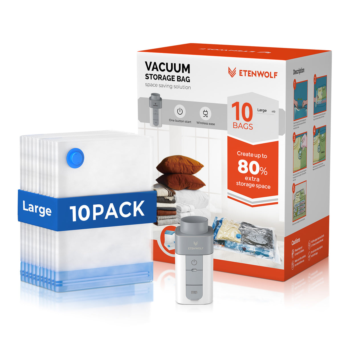 ETENWOLF Vacuum Storage Bags (10 Large Size+ Wireless Air Pump)