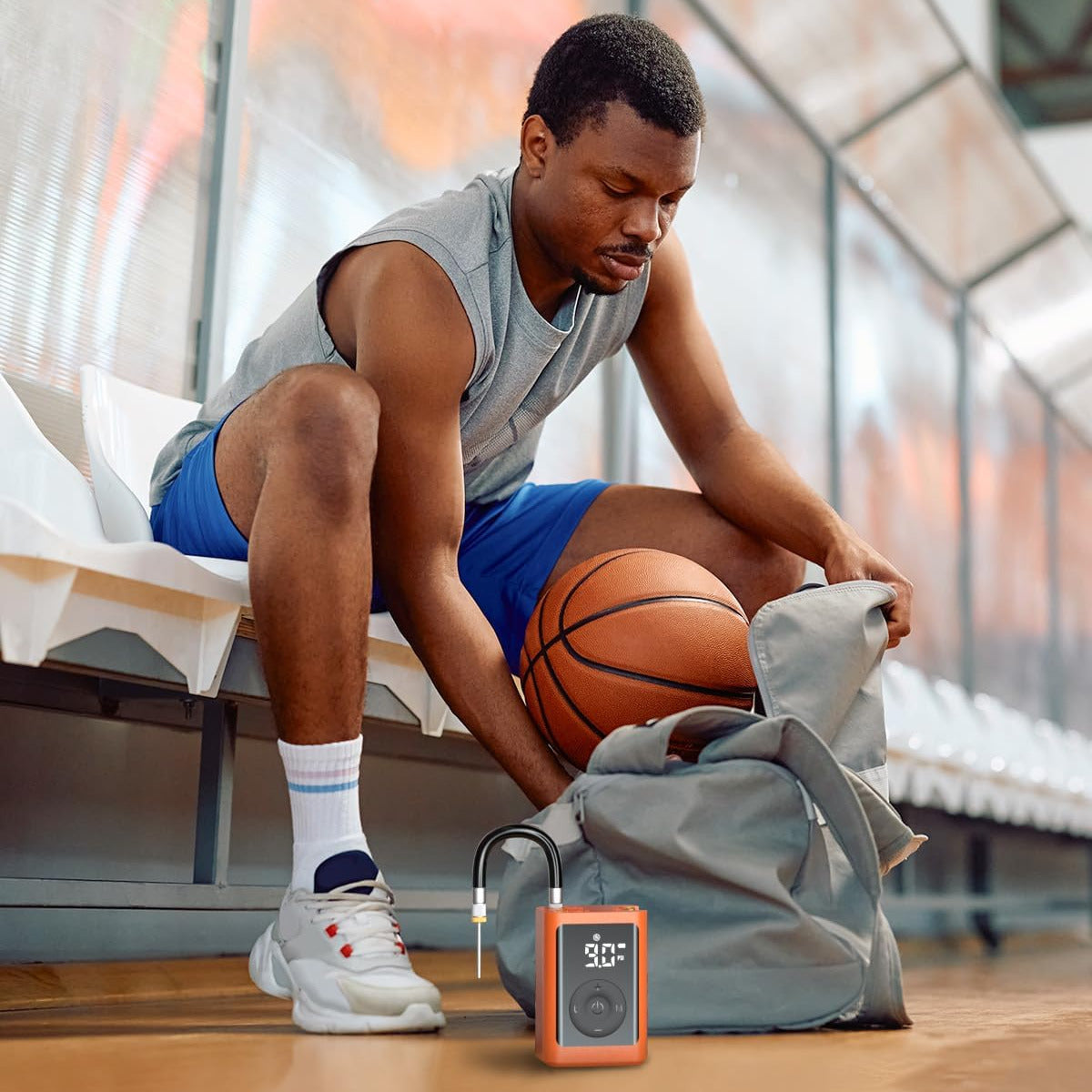 P300 Plus beside an athlete on a basketball court